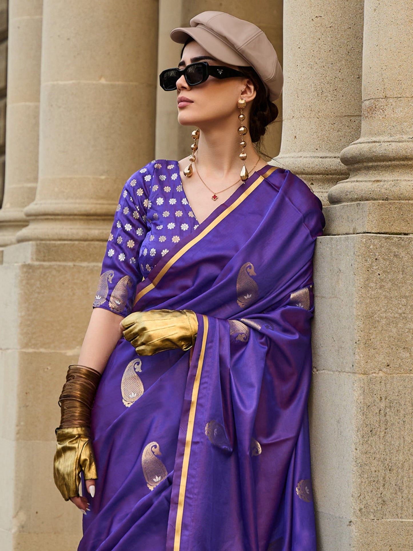 Women's Satin Silk Purple Woven Design Designer Saree With Blouse Piece