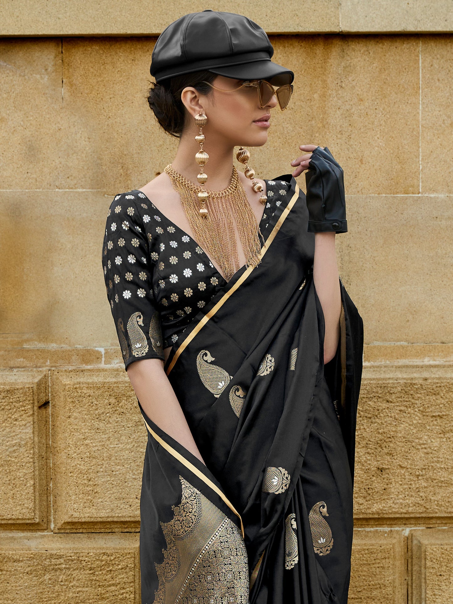 Women's Satin Silk Black Woven Design Designer Saree With Blouse Piece