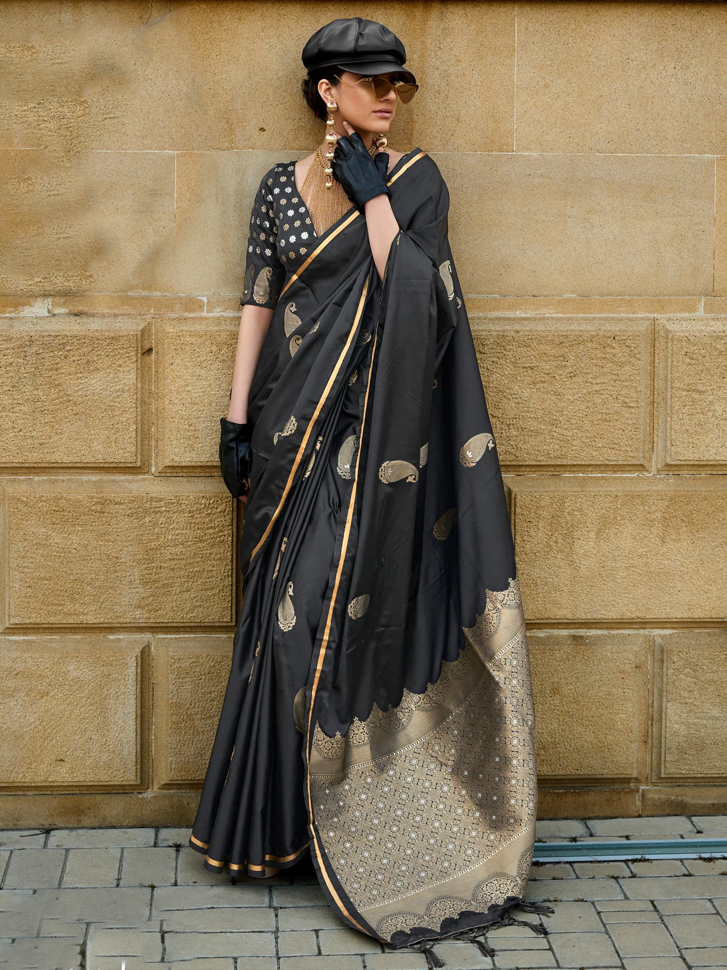 Women's Satin Silk Black Woven Design Designer Saree With Blouse Piece
