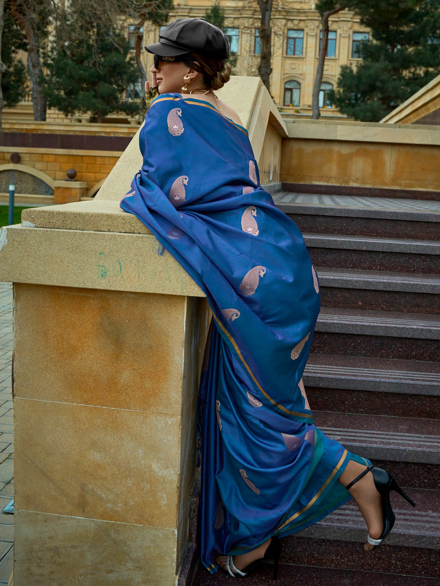 Women's Satin Silk Blue Woven Design Designer Saree With Blouse Piece