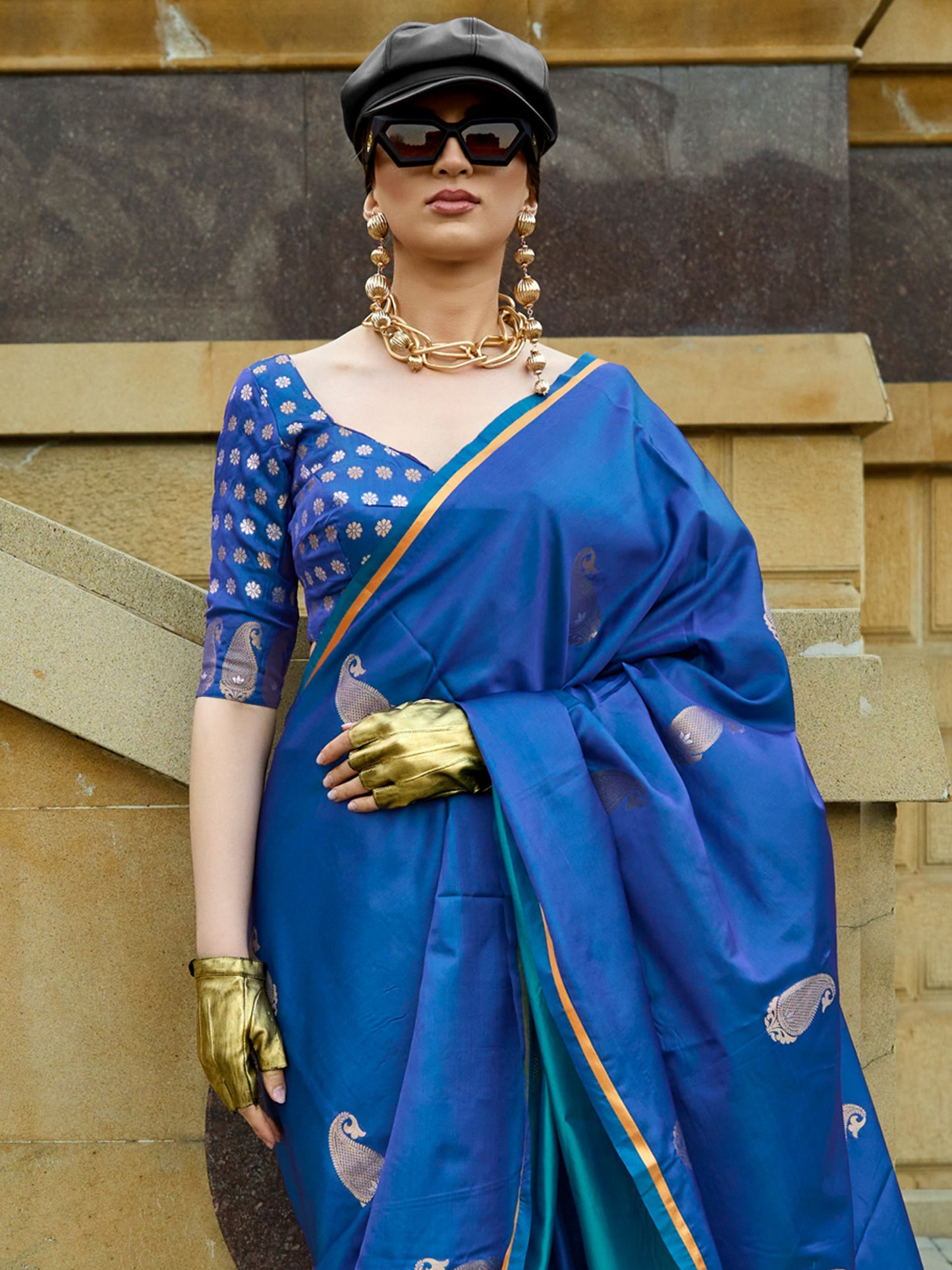 Women's Satin Silk Blue Woven Design Designer Saree With Blouse Piece