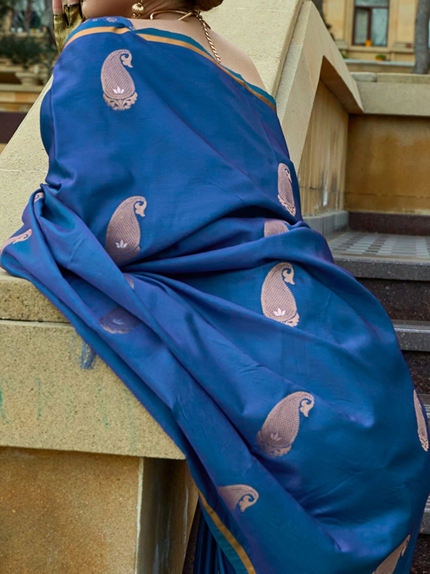 Women's Satin Silk Blue Woven Design Designer Saree With Blouse Piece