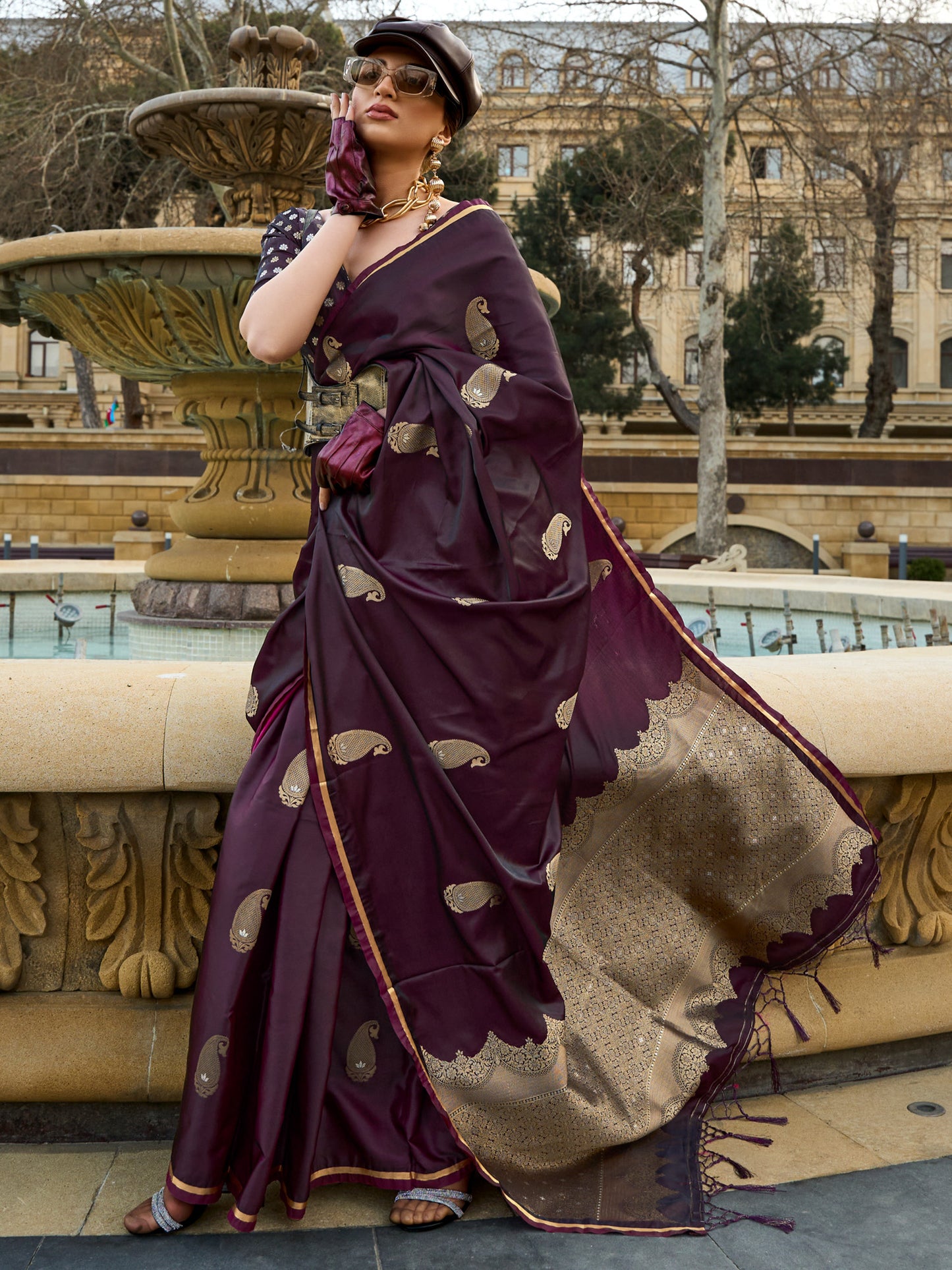 Women's Satin Silk Burgundy Woven Design Designer Saree With Blouse Piece