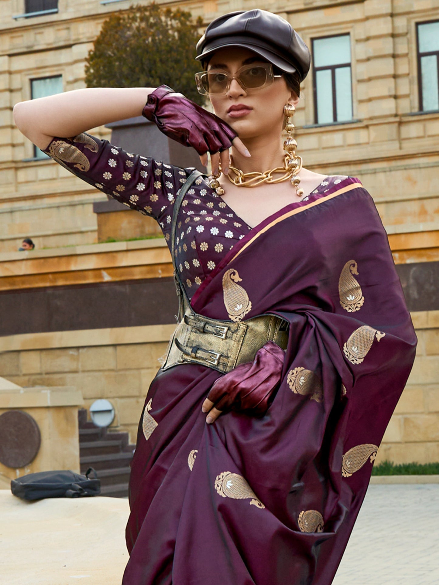 Women's Satin Silk Burgundy Woven Design Designer Saree With Blouse Piece