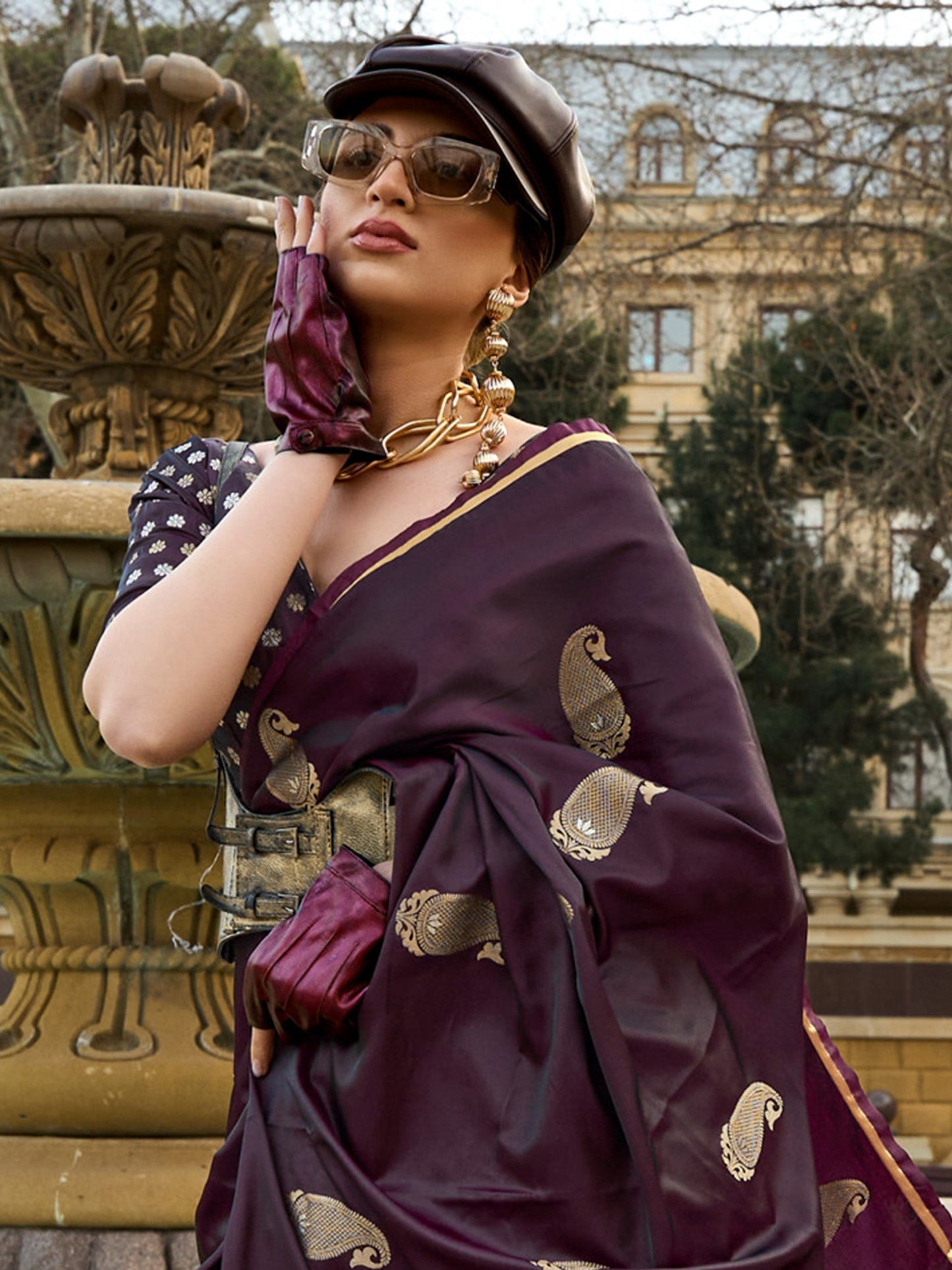 Women's Satin Silk Burgundy Woven Design Designer Saree With Blouse Piece