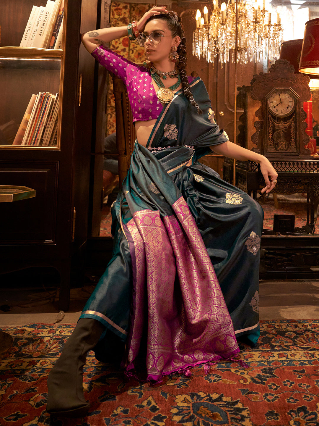 Women's Satin Silk Pink Woven Design Designer Saree With Blouse Piece
