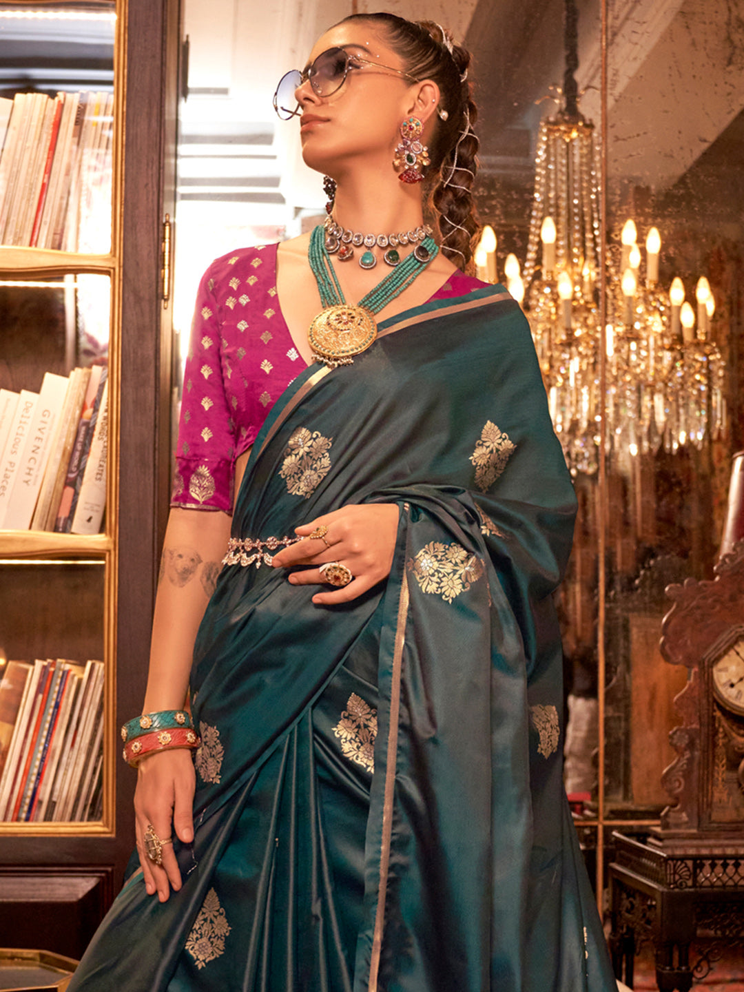 Women's Satin Silk Pink Woven Design Designer Saree With Blouse Piece