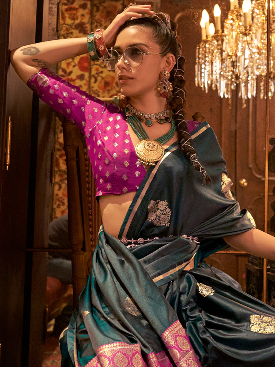 Women's Satin Silk Pink Woven Design Designer Saree With Blouse Piece