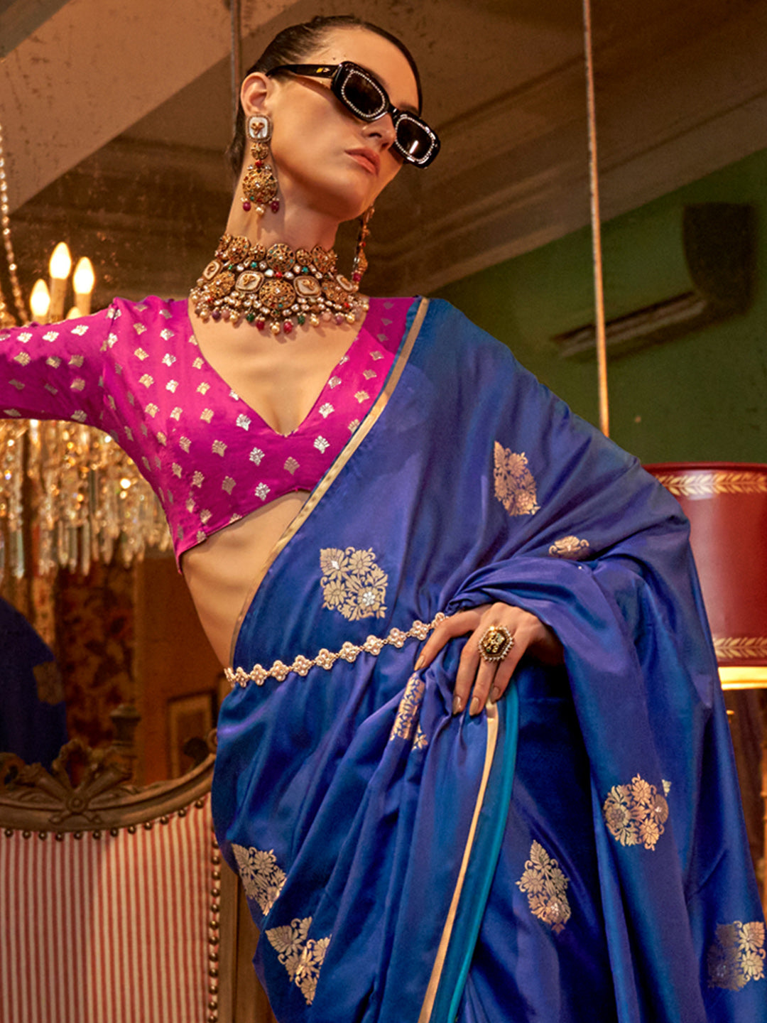 Women's Satin Silk Pink Woven Design Designer Saree With Blouse Piece