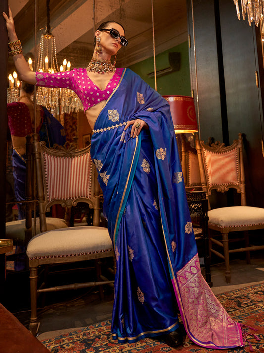 Women's Satin Silk Pink Woven Design Designer Saree With Blouse Piece