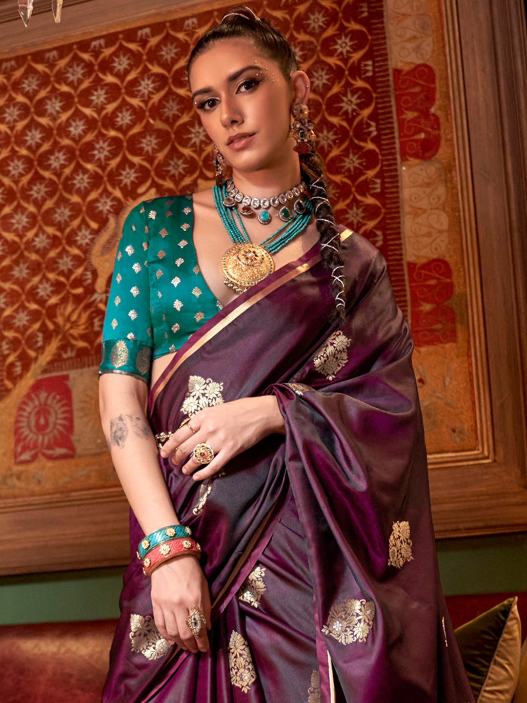 Women's Satin Silk Teal blue Woven Design Designer Saree With Blouse Piece