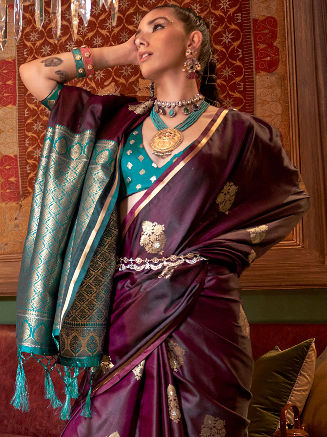 Women's Satin Silk Teal blue Woven Design Designer Saree With Blouse Piece