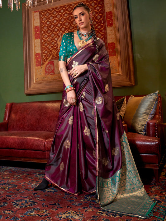Women's Satin Silk Teal blue Woven Design Designer Saree With Blouse Piece