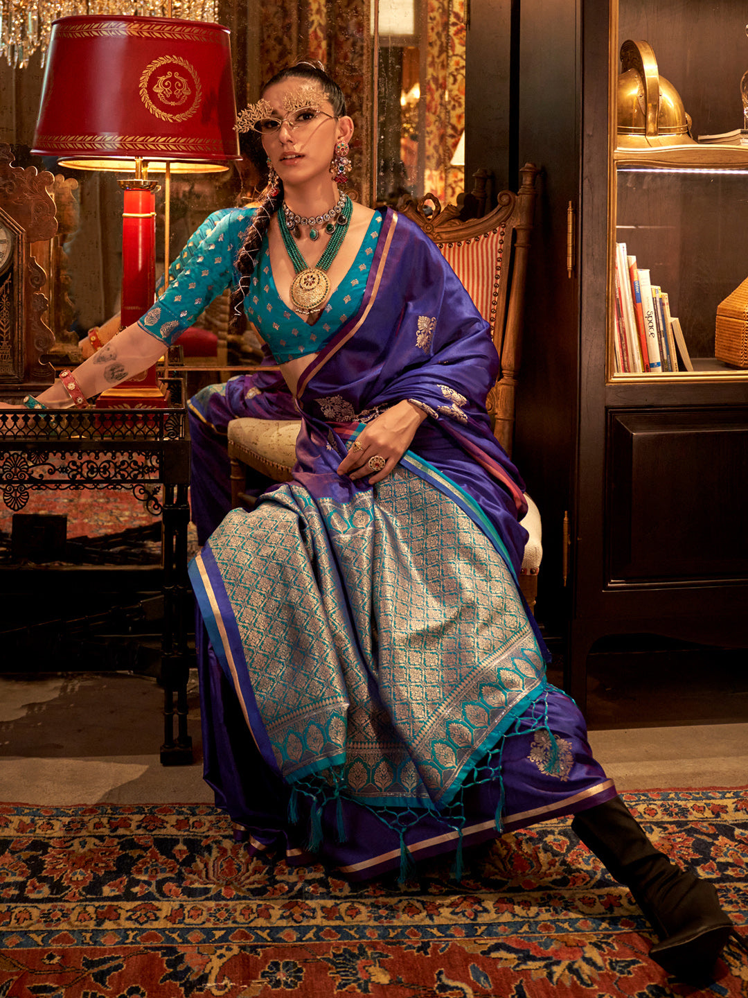 Women's Satin Silk Blue Woven Design Designer Saree With Blouse Piece