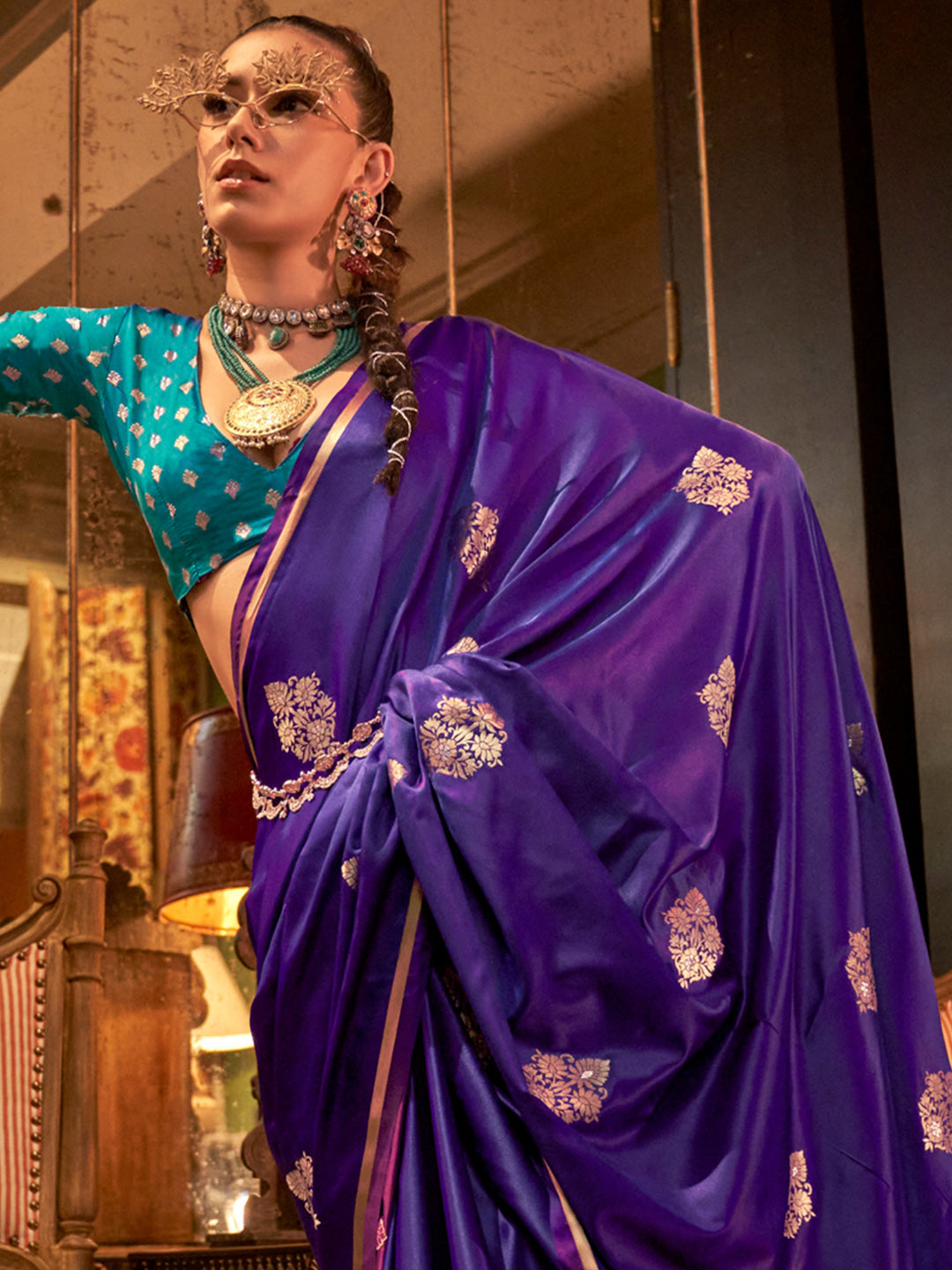 Women's Satin Silk Blue Woven Design Designer Saree With Blouse Piece
