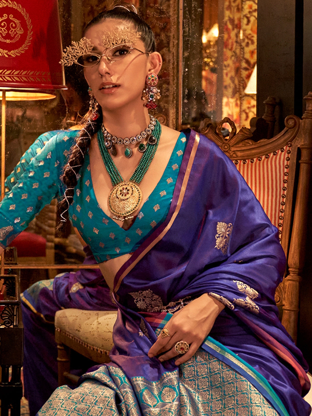 Women's Satin Silk Blue Woven Design Designer Saree With Blouse Piece