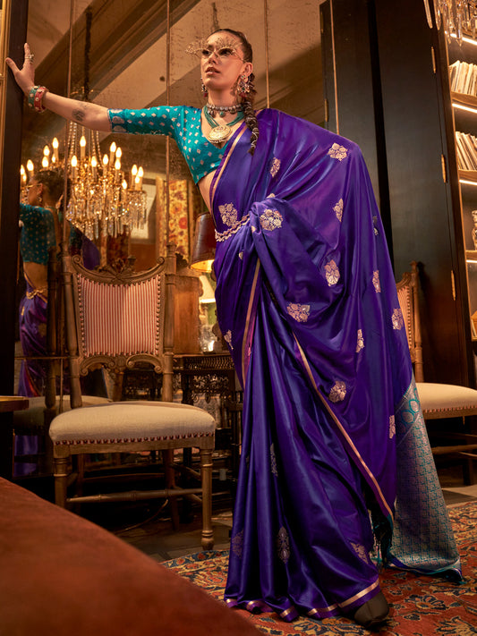 Women's Satin Silk Blue Woven Design Designer Saree With Blouse Piece