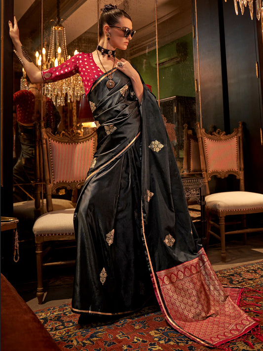 Women's Satin Silk Maroon Woven Design Designer Saree With Blouse Piece