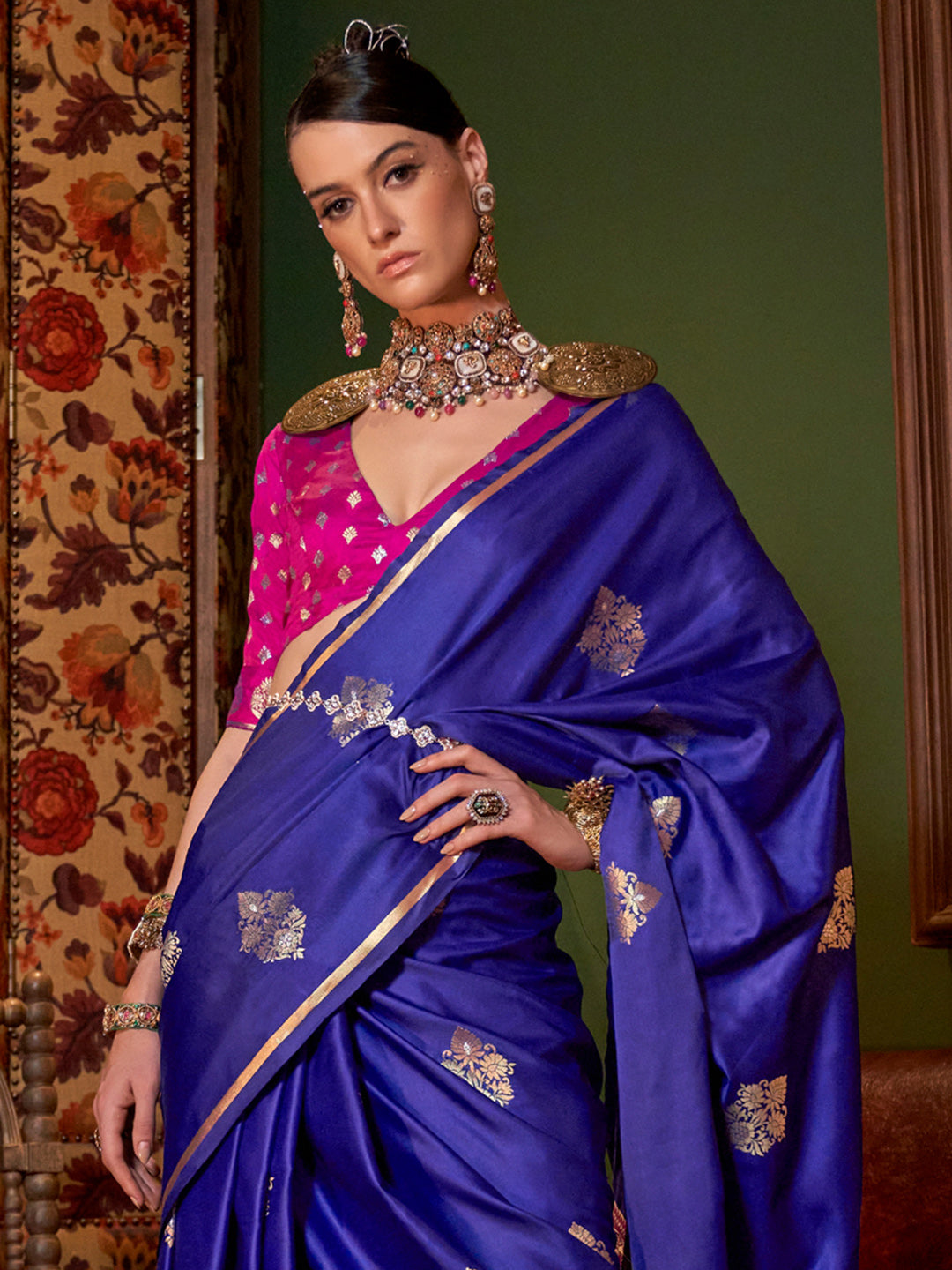 Women's Satin Silk Pink Woven Design Designer Saree With Blouse Piece