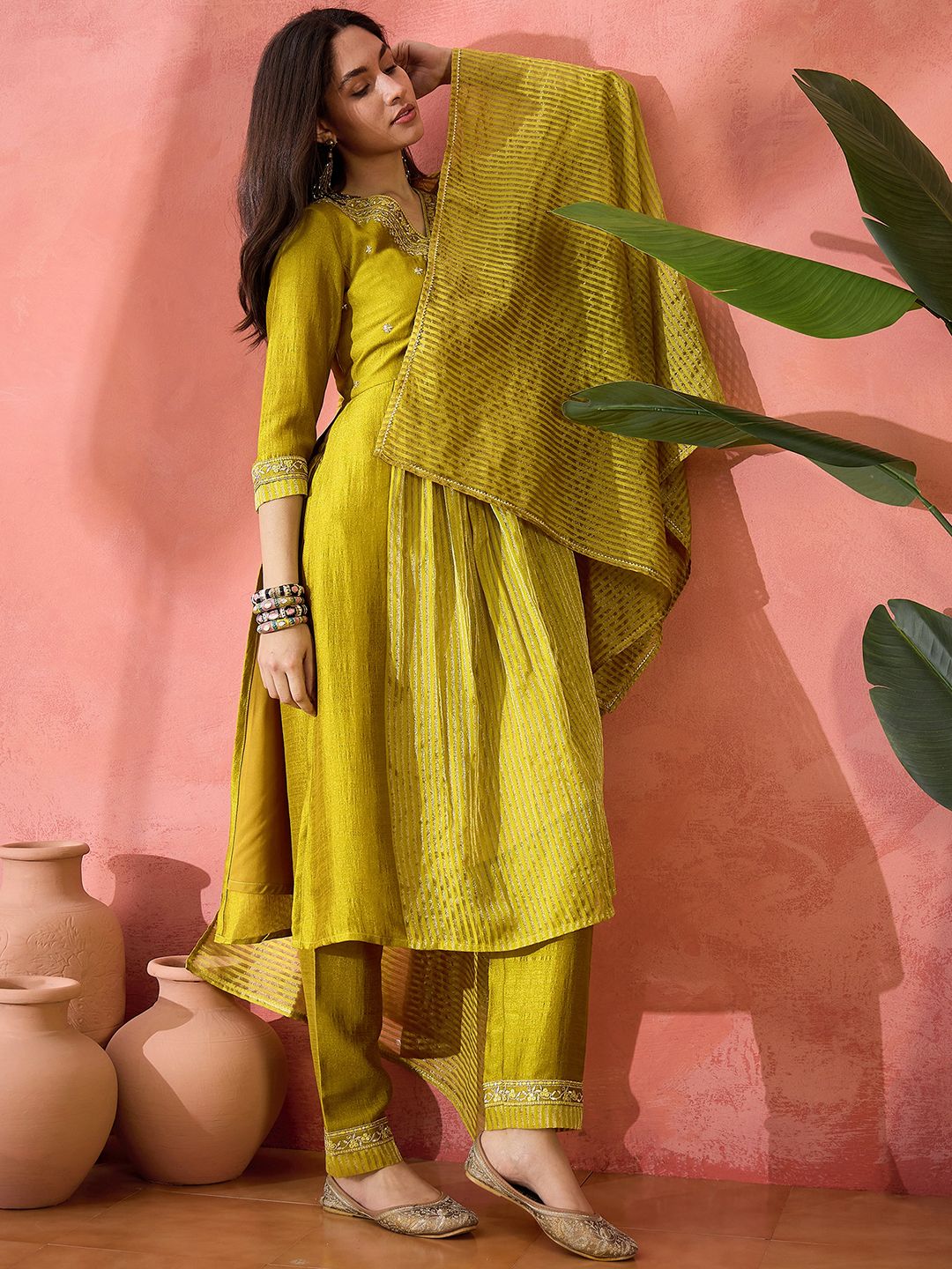 Dhiyona SN Women's Mustard Floral Embroidered V-Neck Kurta With Pant And Dupatta