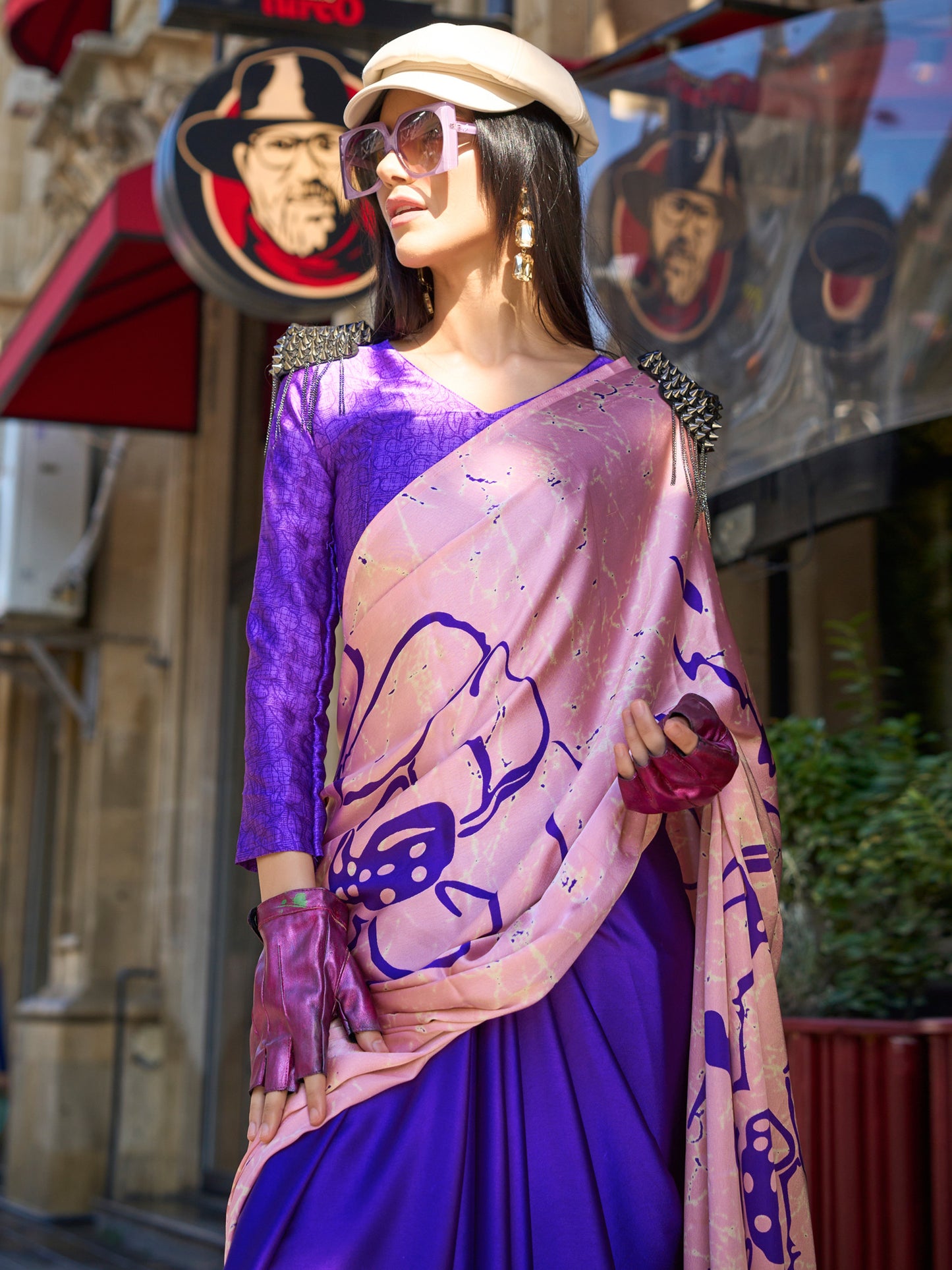 Women's Satin Purple Printed Designer Saree With Blouse Piece