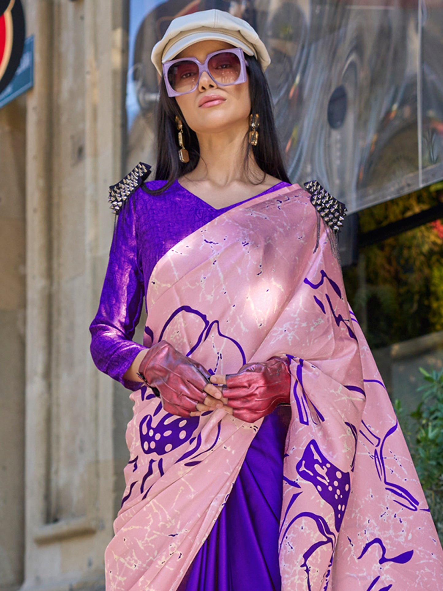 Women's Satin Purple Printed Designer Saree With Blouse Piece