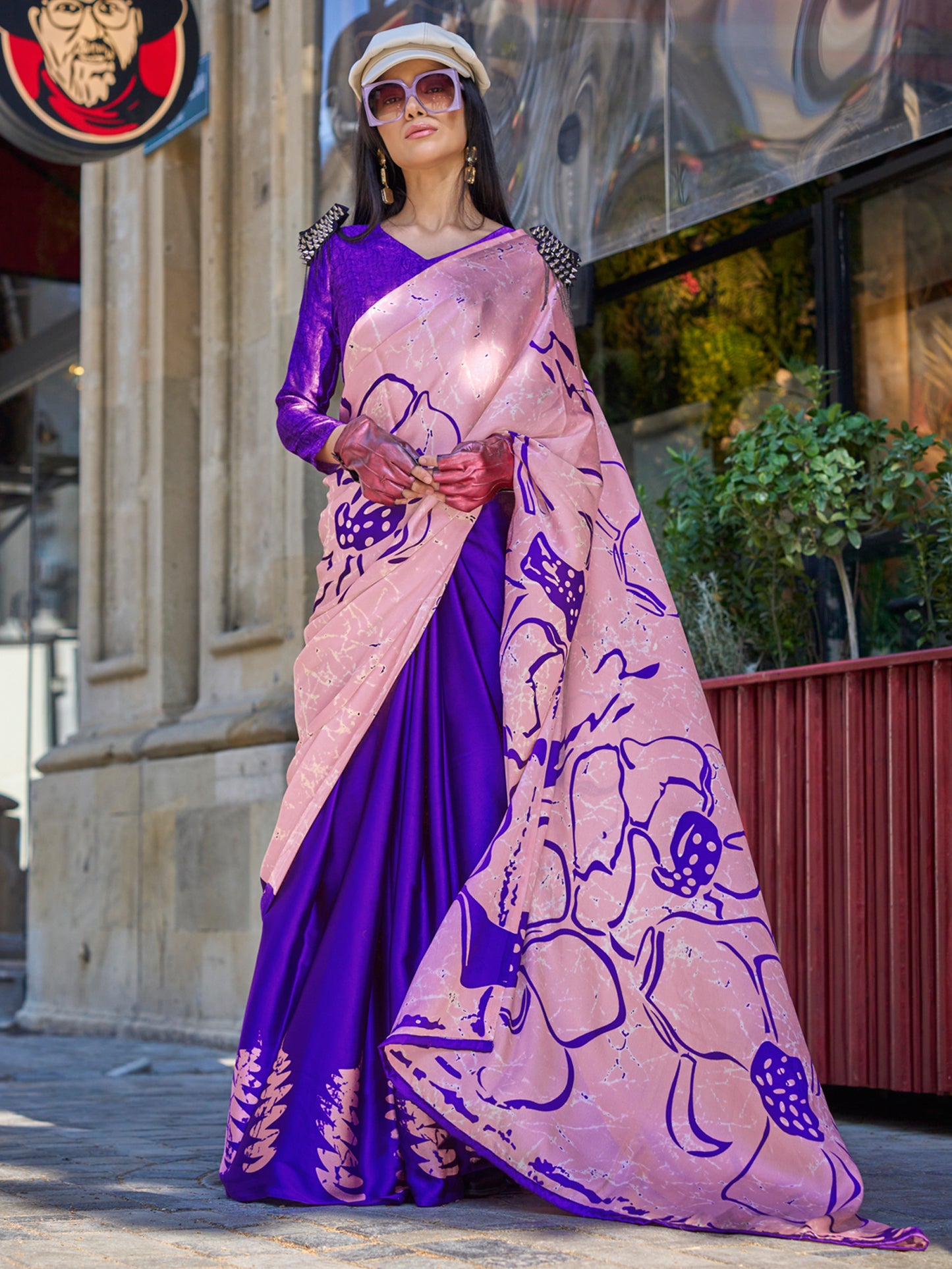 Women's Satin Purple Printed Designer Saree With Blouse Piece