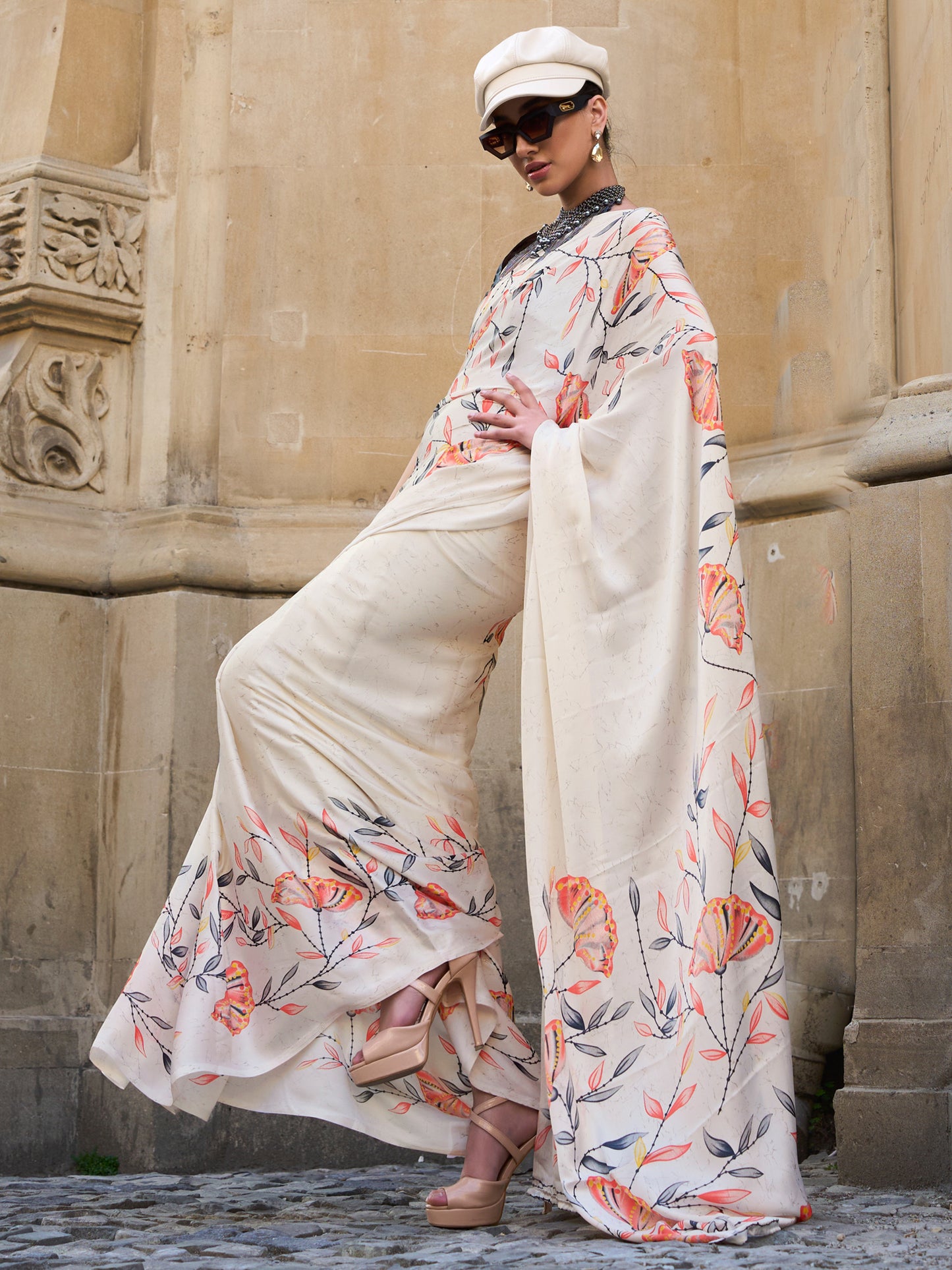 Women's Satin Cream Printed Designer Saree With Blouse Piece