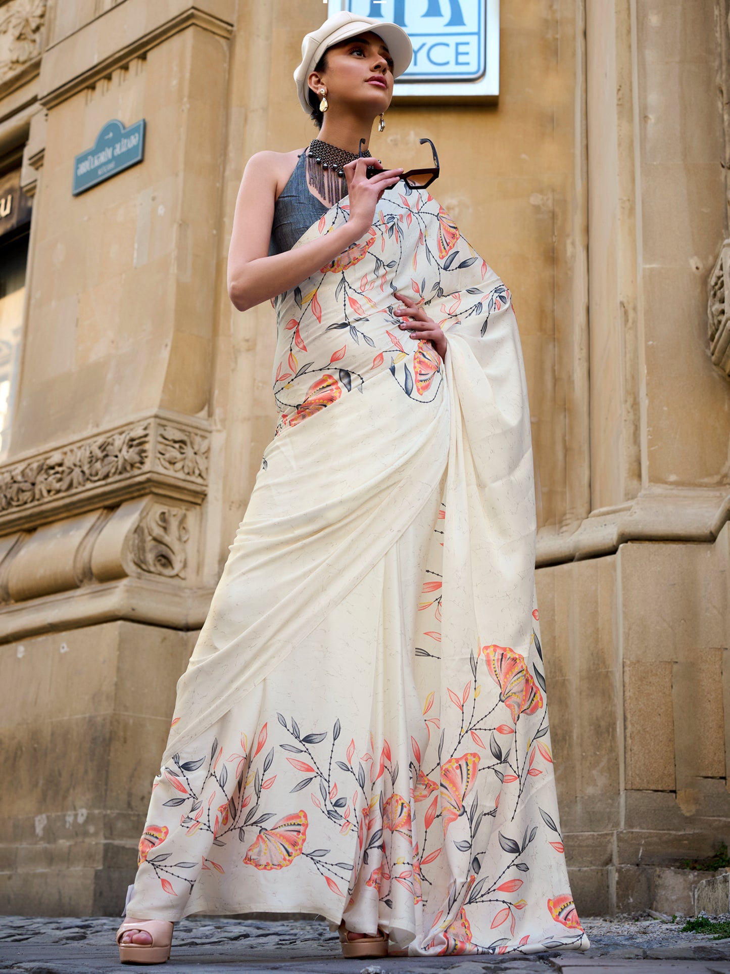 Women's Satin Cream Printed Designer Saree With Blouse Piece