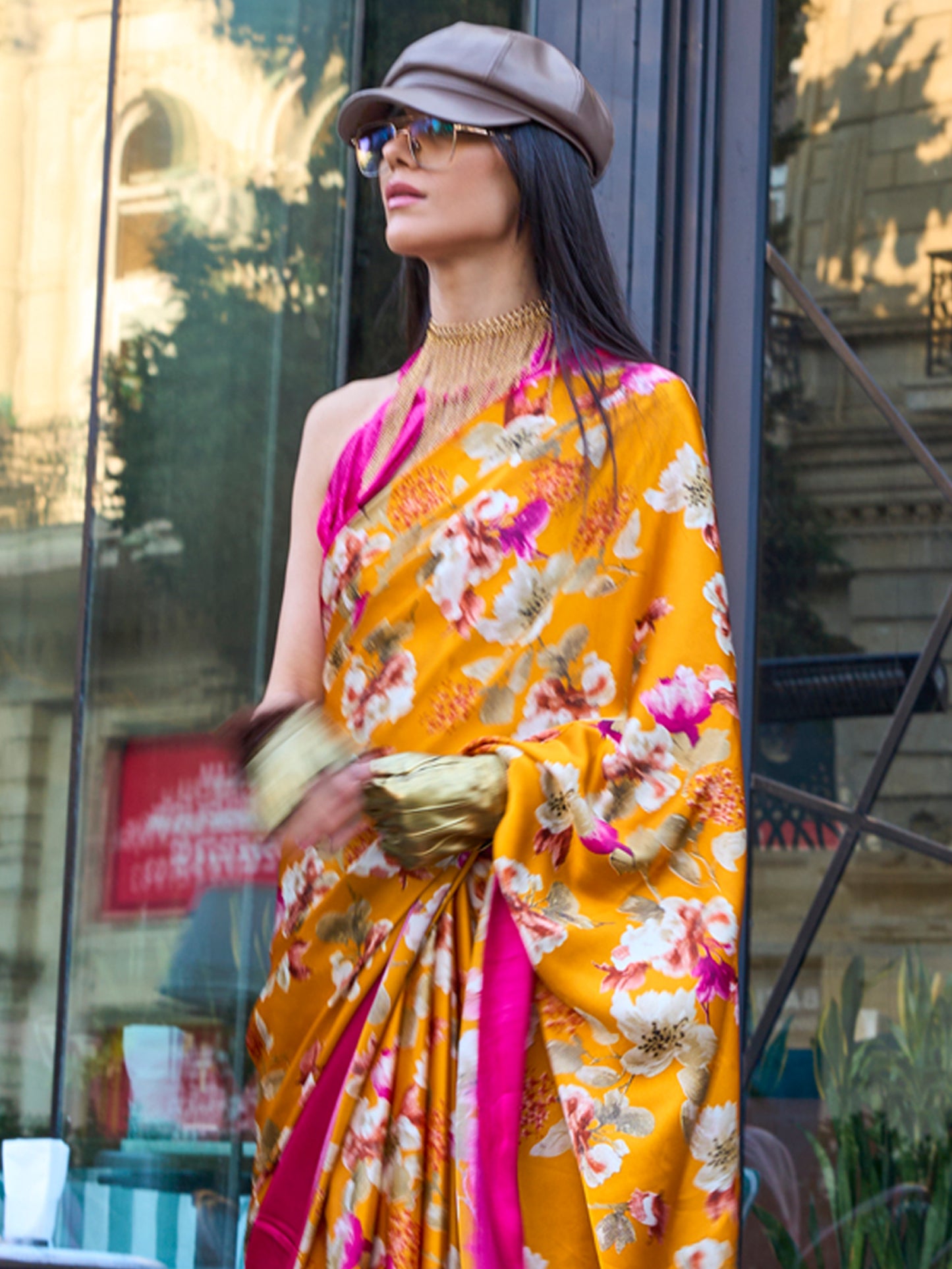 Women's Satin Mustard Printed Designer Saree With Blouse Piece