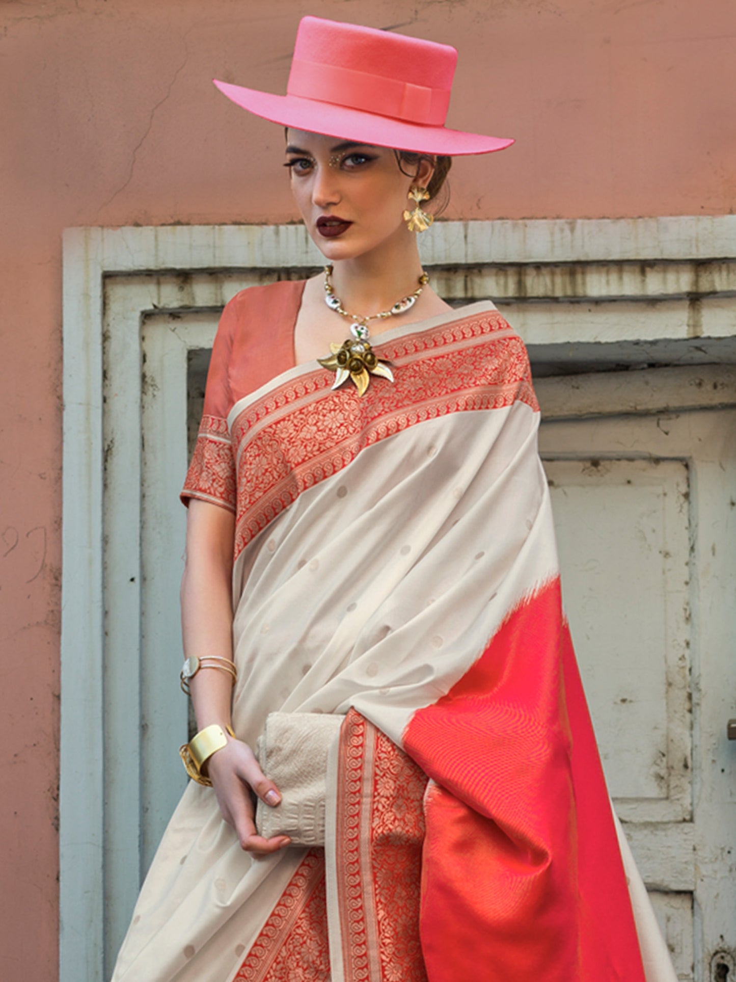 Women's Soft Silk Beige Woven Design Designer Saree With Blouse Piece