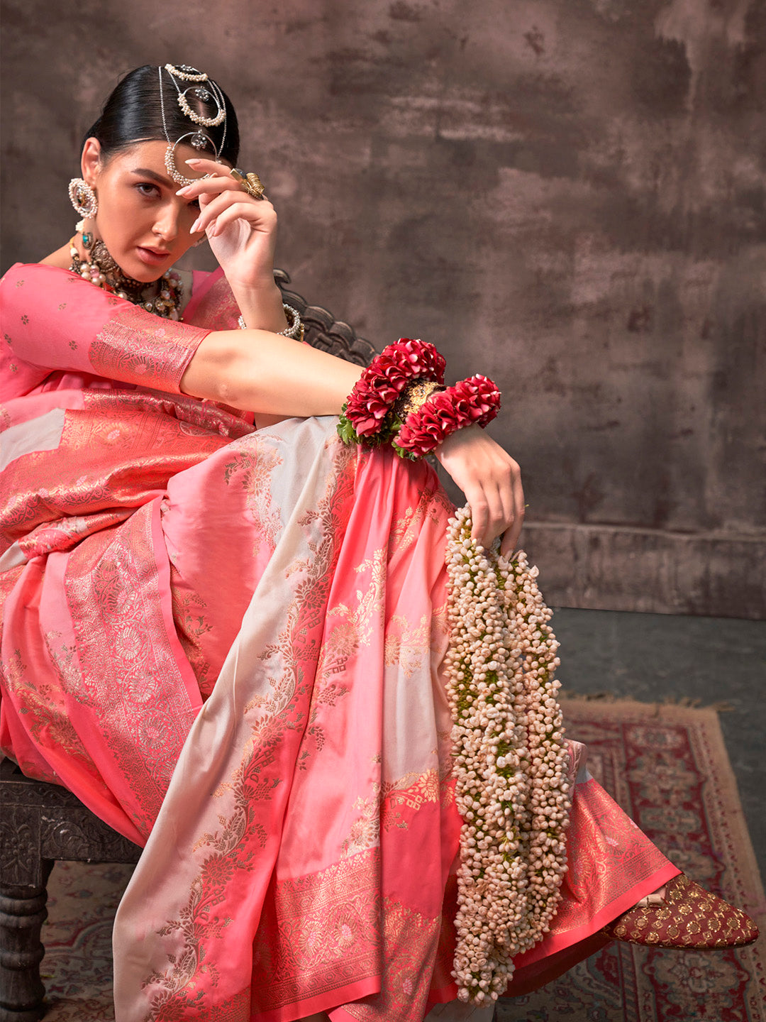 Women's Silk Blend Peach Woven Design Designer Saree With Blouse Piece