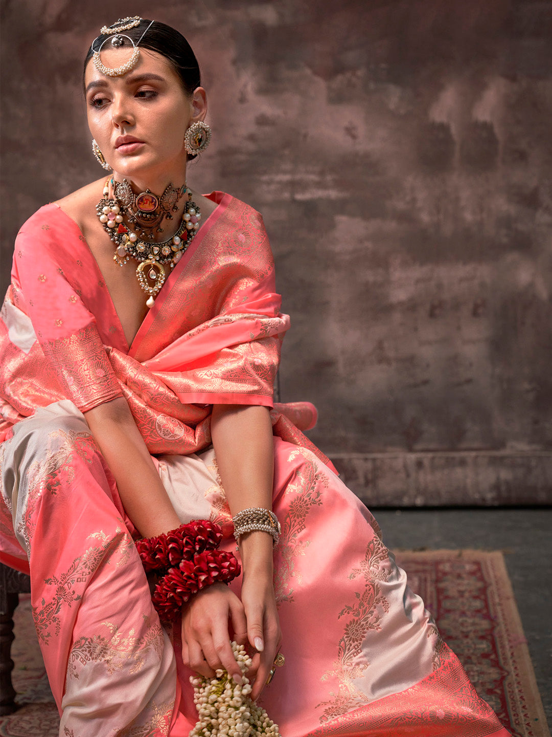 Women's Silk Blend Peach Woven Design Designer Saree With Blouse Piece
