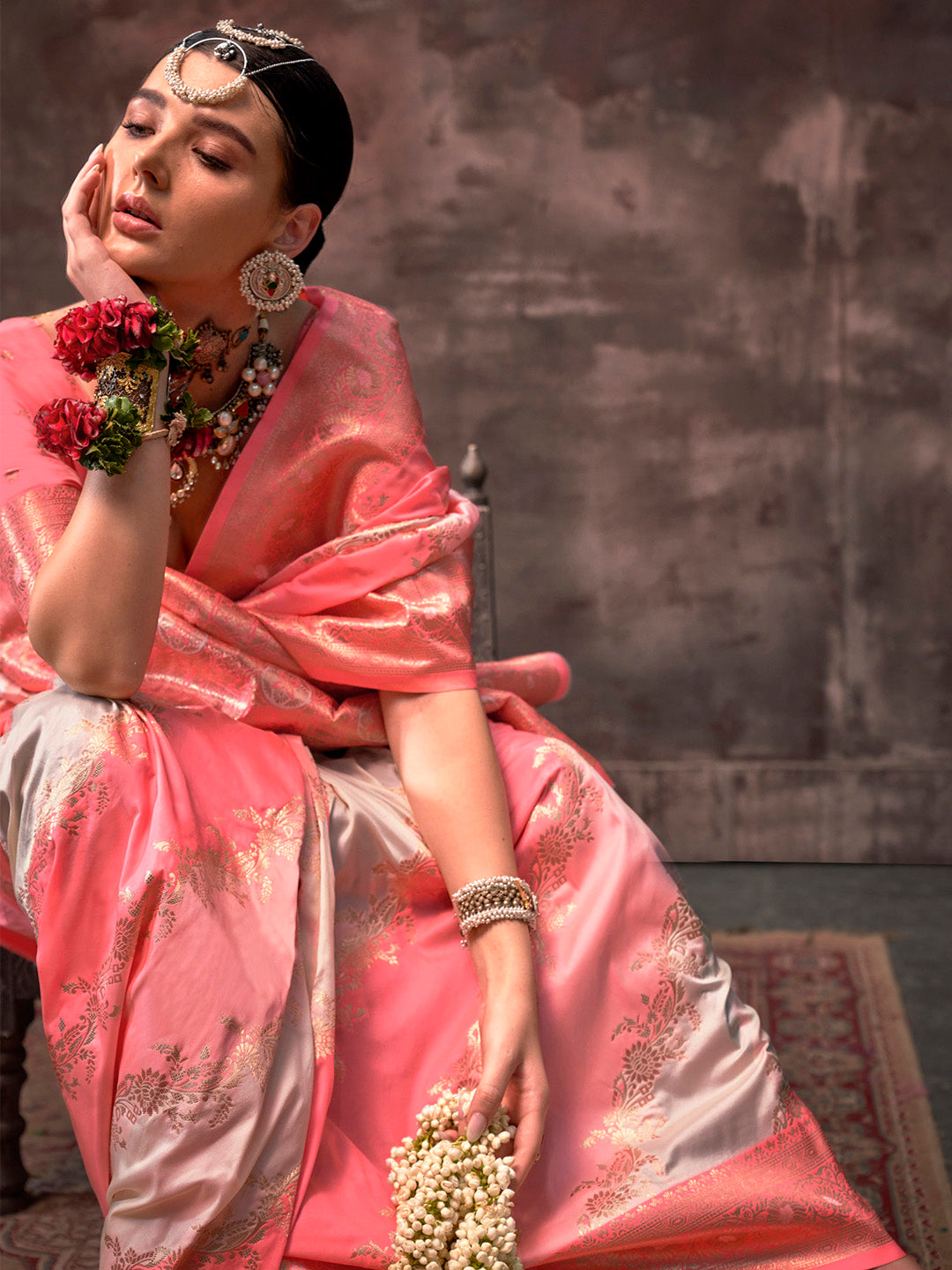 Women's Silk Blend Peach Woven Design Designer Saree With Blouse Piece
