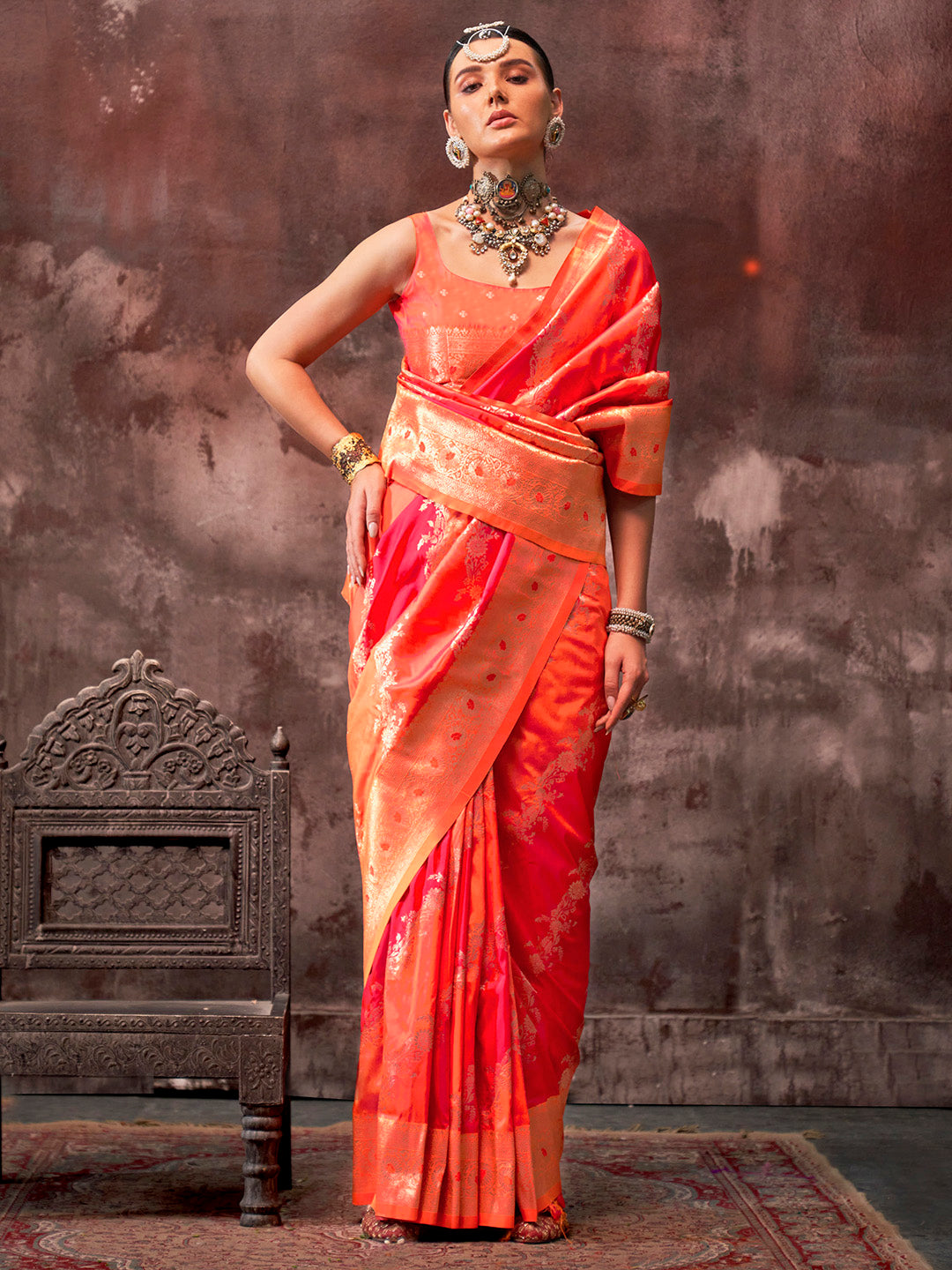 Women's Silk Blend Orange Woven Design Designer Saree With Blouse Piece