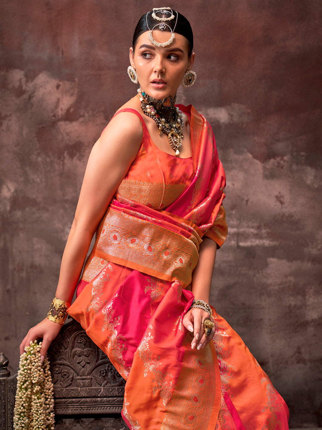 Women's Silk Blend Orange Woven Design Designer Saree With Blouse Piece