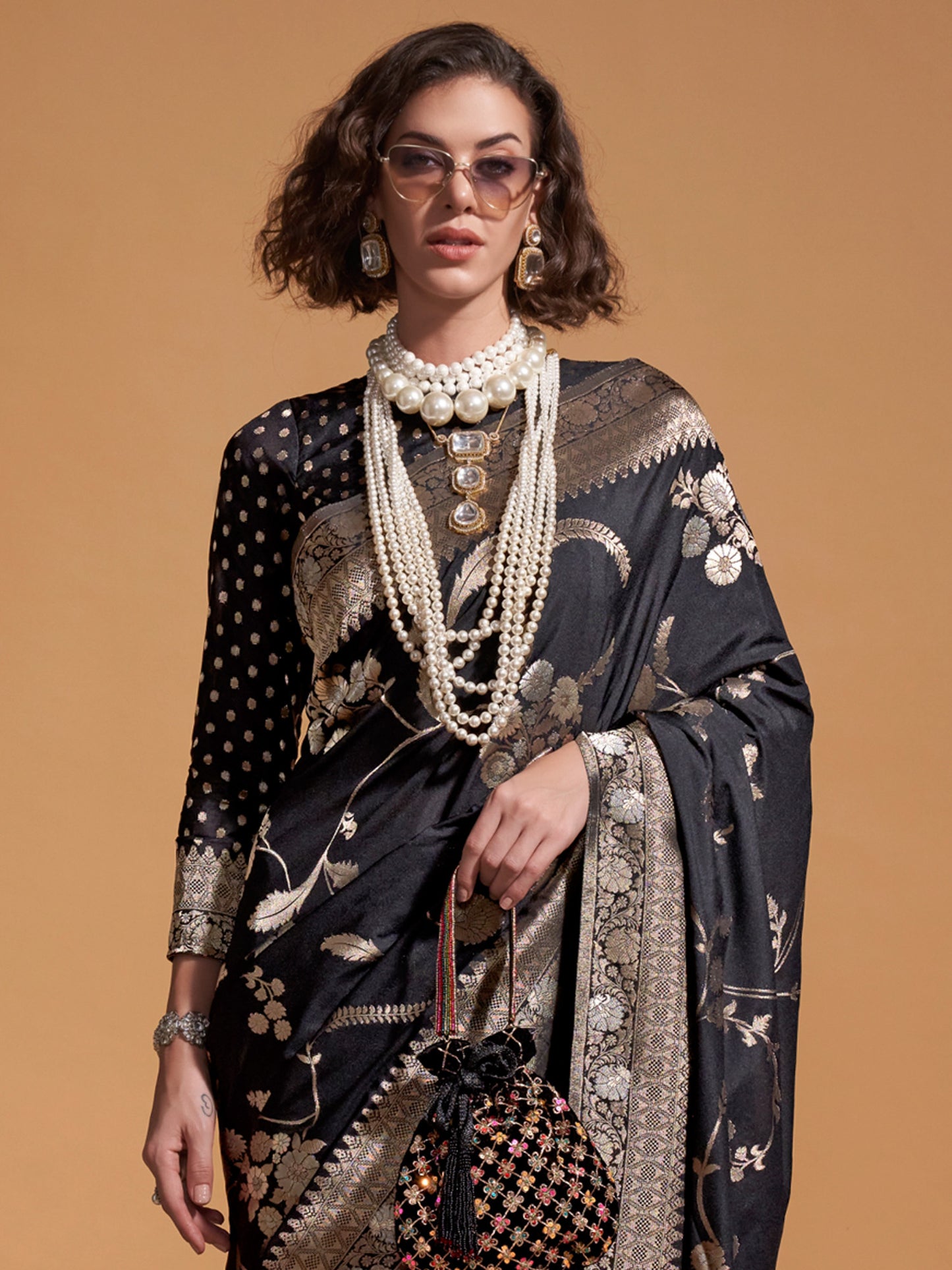 Women's Georgette Black Woven Design Designer Saree With Blouse Piece