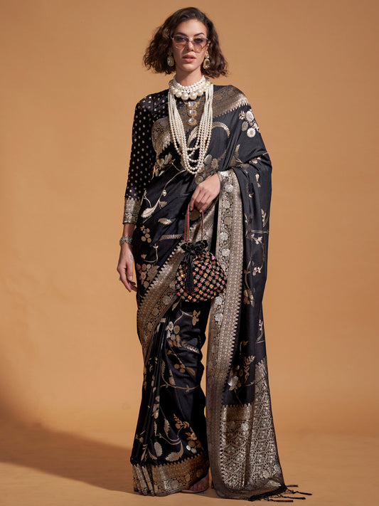 Women's Georgette Black Woven Design Designer Saree With Blouse Piece