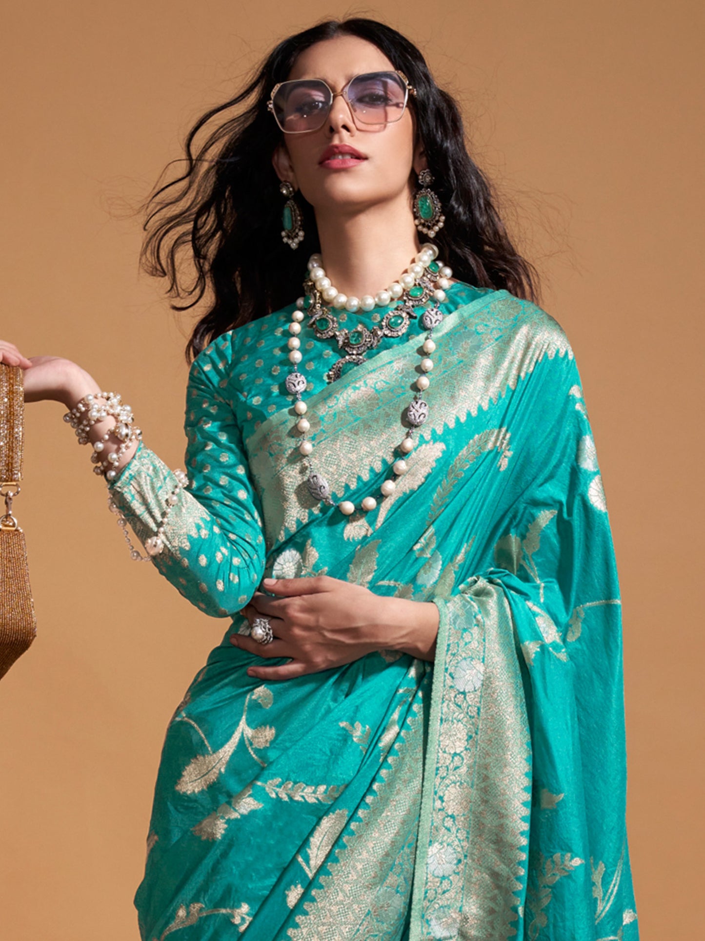 Women's Georgette Blue Woven Design Designer Saree With Blouse Piece