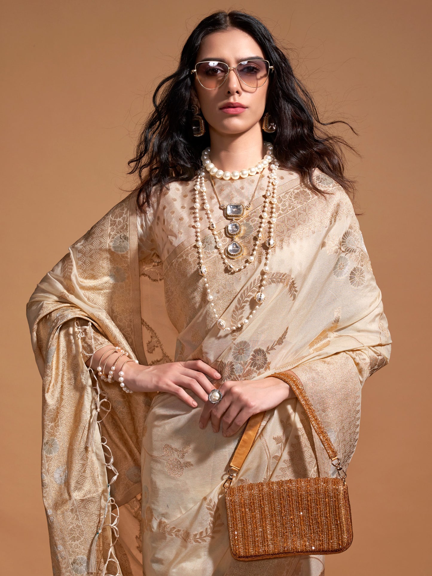Women's Georgette Cream Woven Design Designer Saree With Blouse Piece