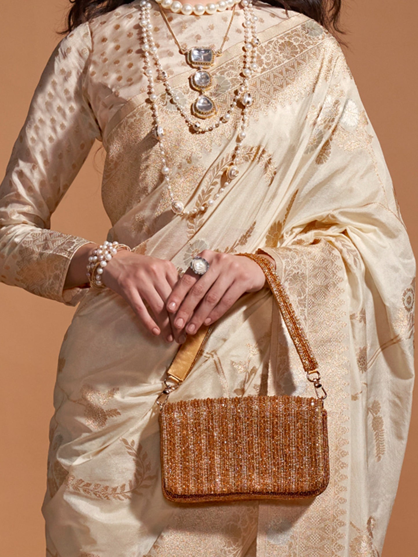Women's Georgette Cream Woven Design Designer Saree With Blouse Piece