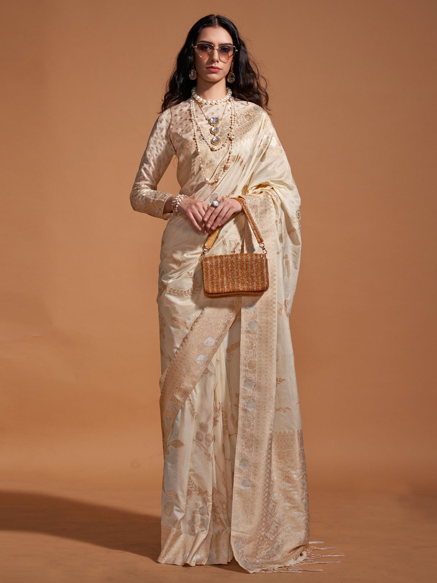 Women's Georgette Cream Woven Design Designer Saree With Blouse Piece