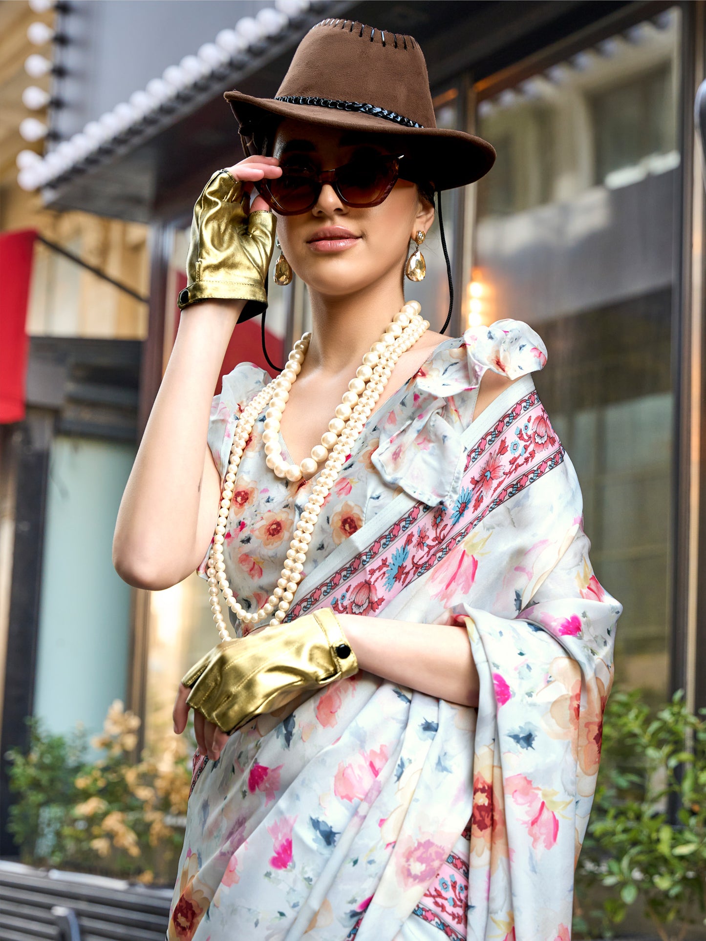 Women's Satin Silk Light Blue Printed Designer Saree With Blouse Piece