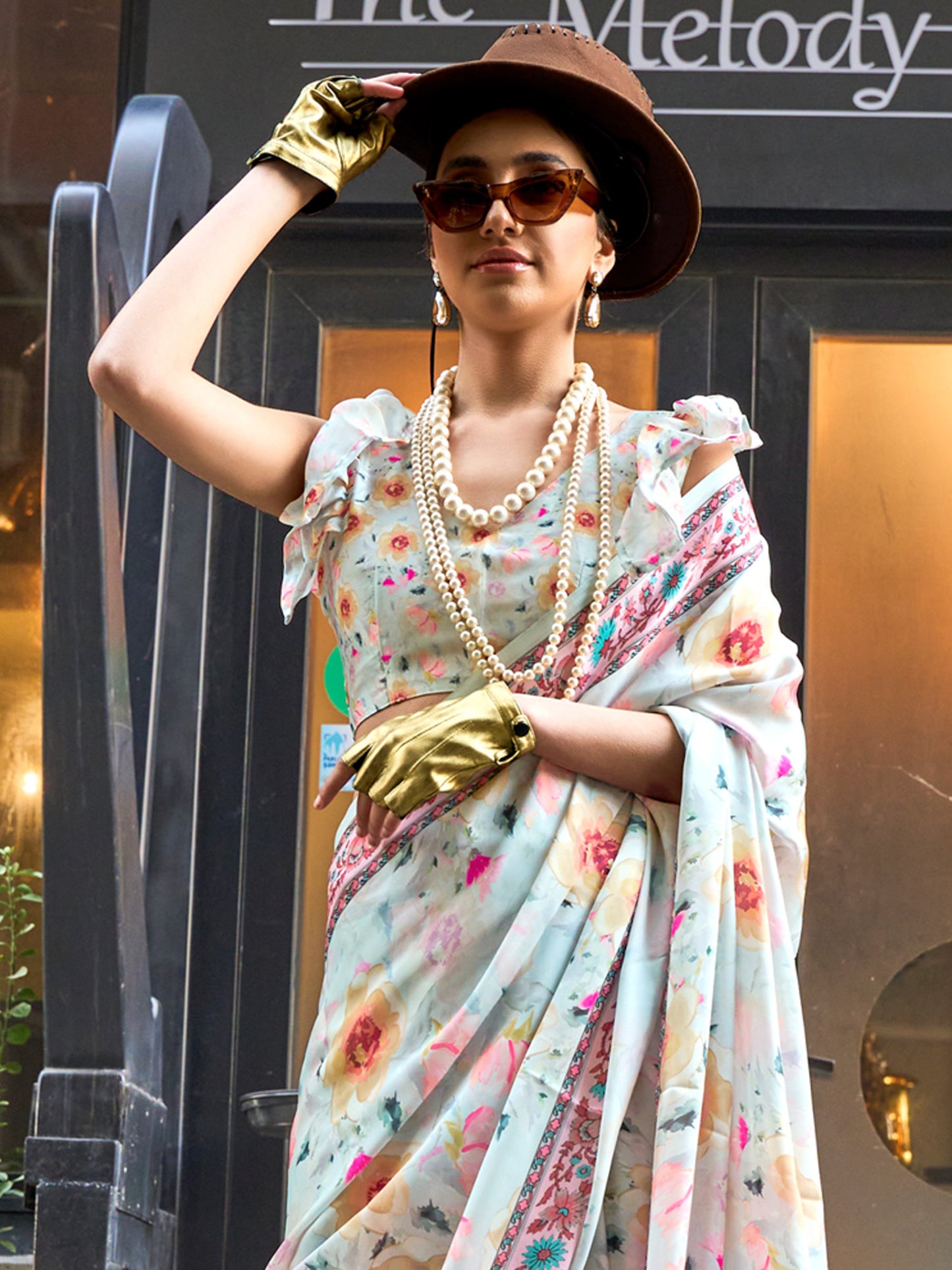 Women's Satin Silk Light Blue Printed Designer Saree With Blouse Piece