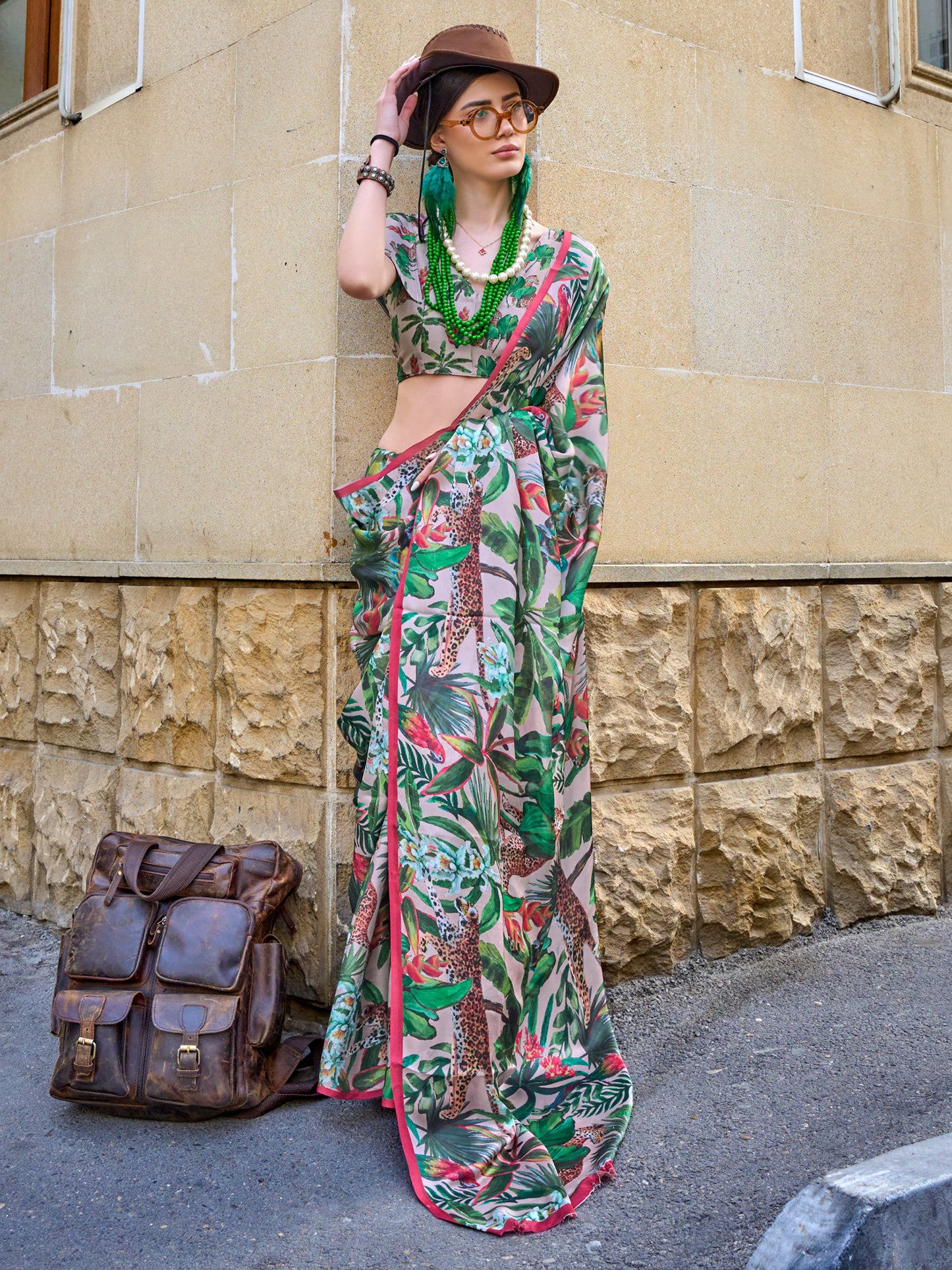 Women's Satin Silk Green Printed Designer Saree With Blouse Piece
