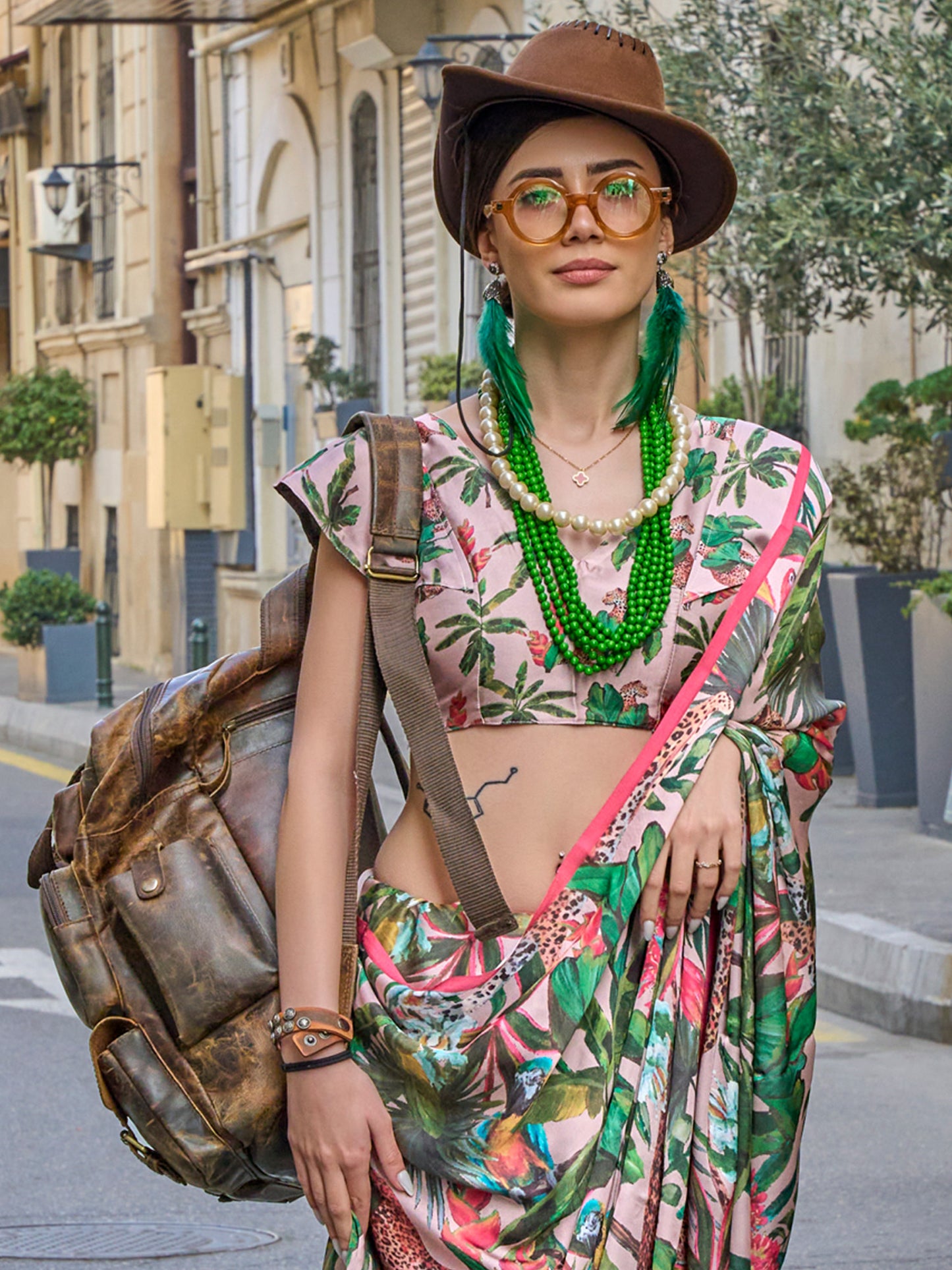 Women's Satin Silk Green Printed Designer Saree With Blouse Piece