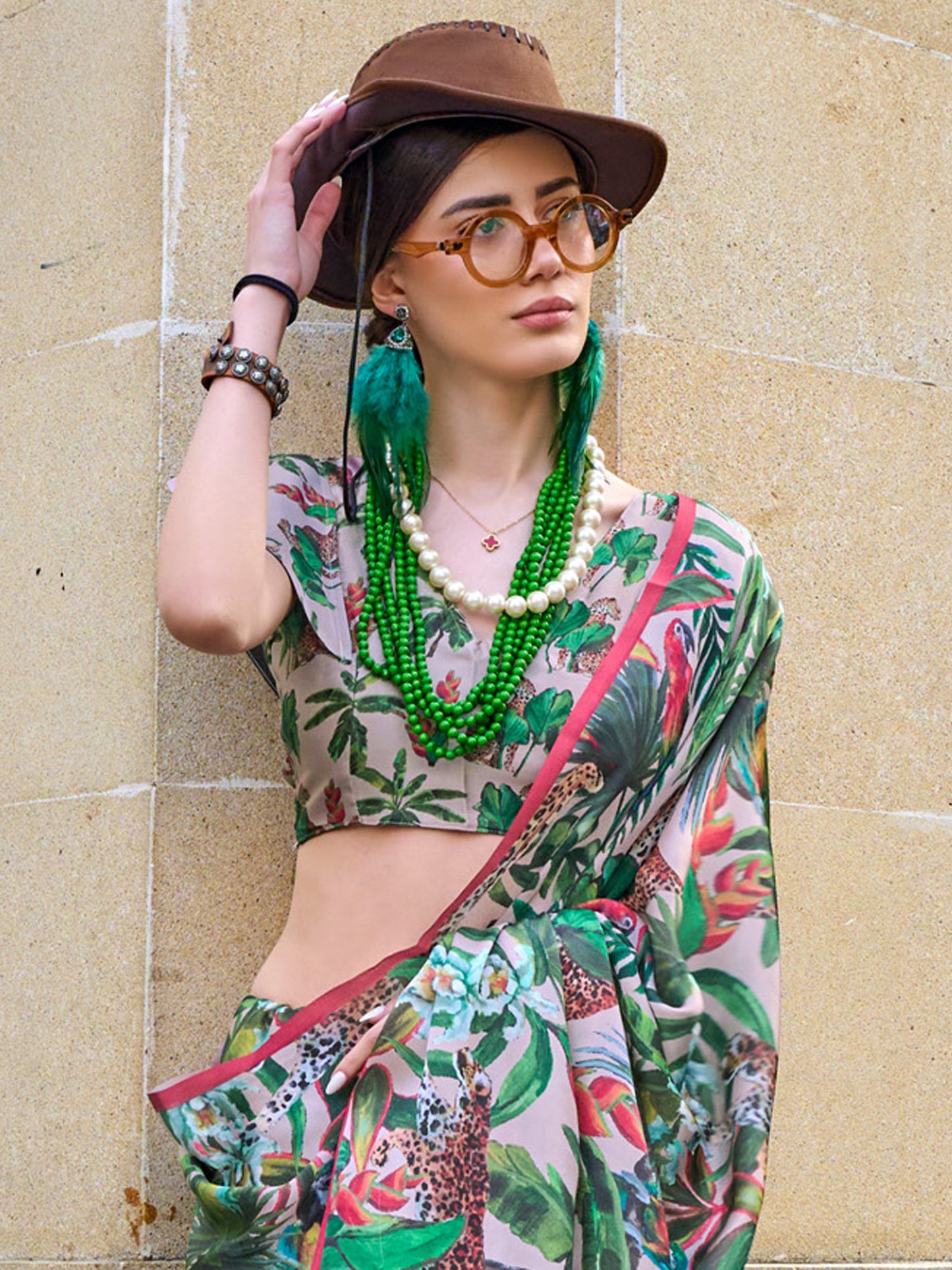 Women's Satin Silk Green Printed Designer Saree With Blouse Piece