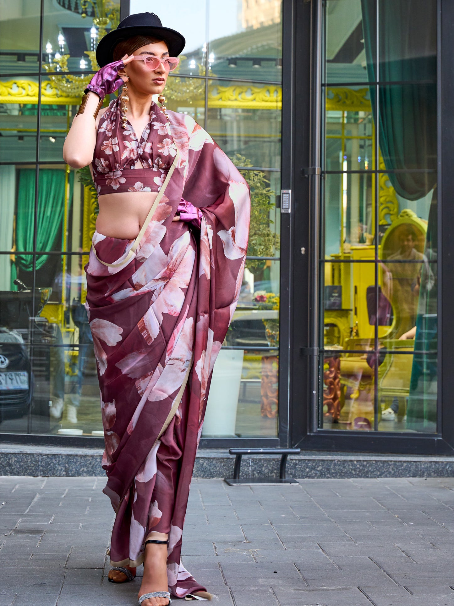 Women's Satin Silk Brown Printed Designer Saree With Blouse Piece