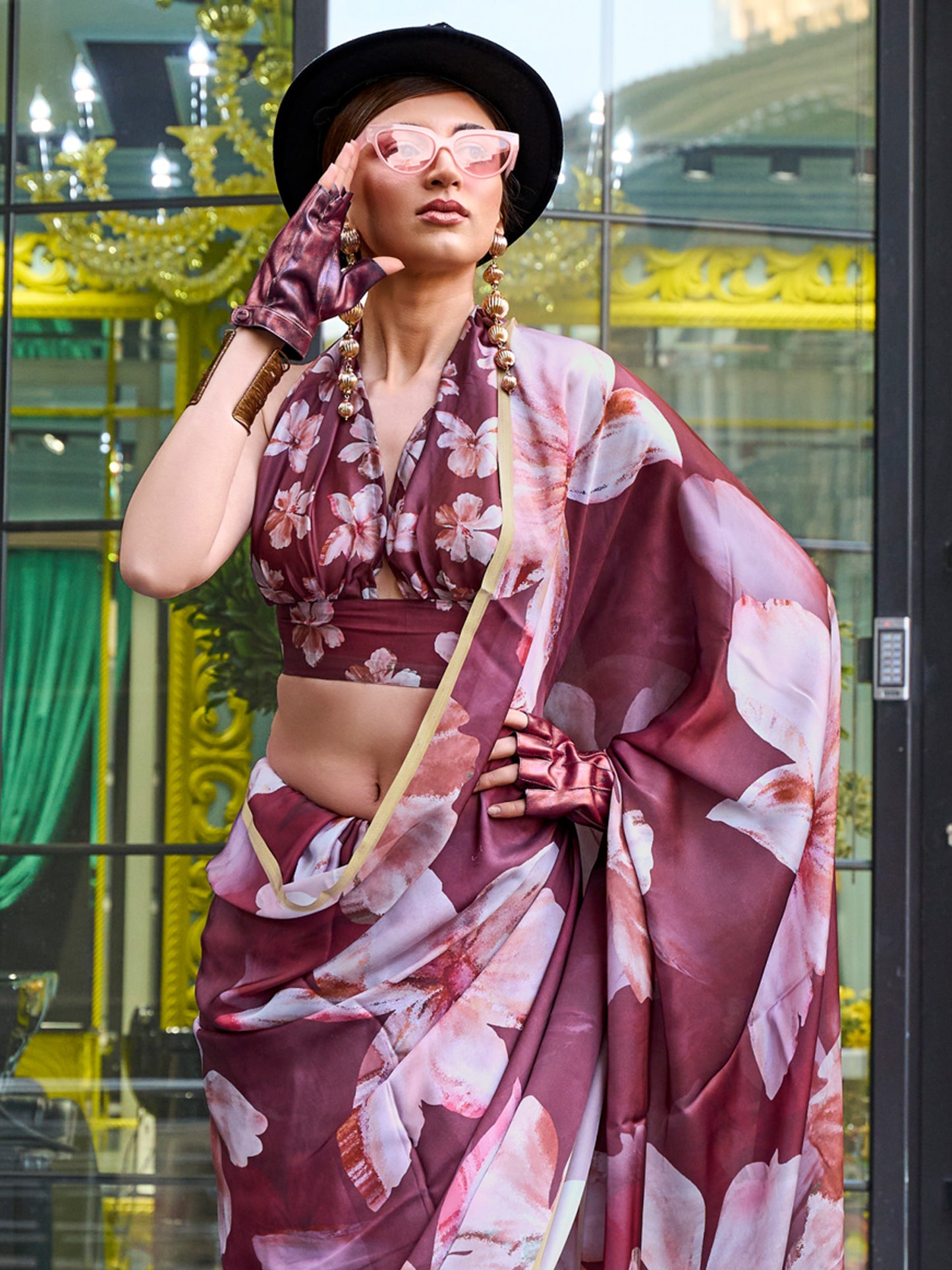 Women's Satin Silk Brown Printed Designer Saree With Blouse Piece