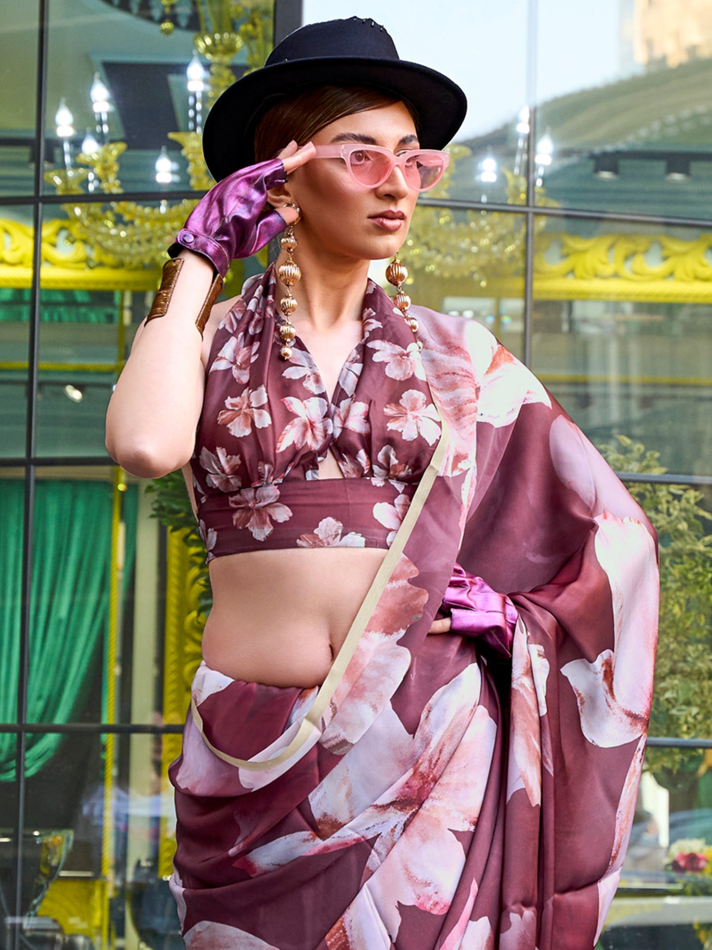 Women's Satin Silk Brown Printed Designer Saree With Blouse Piece